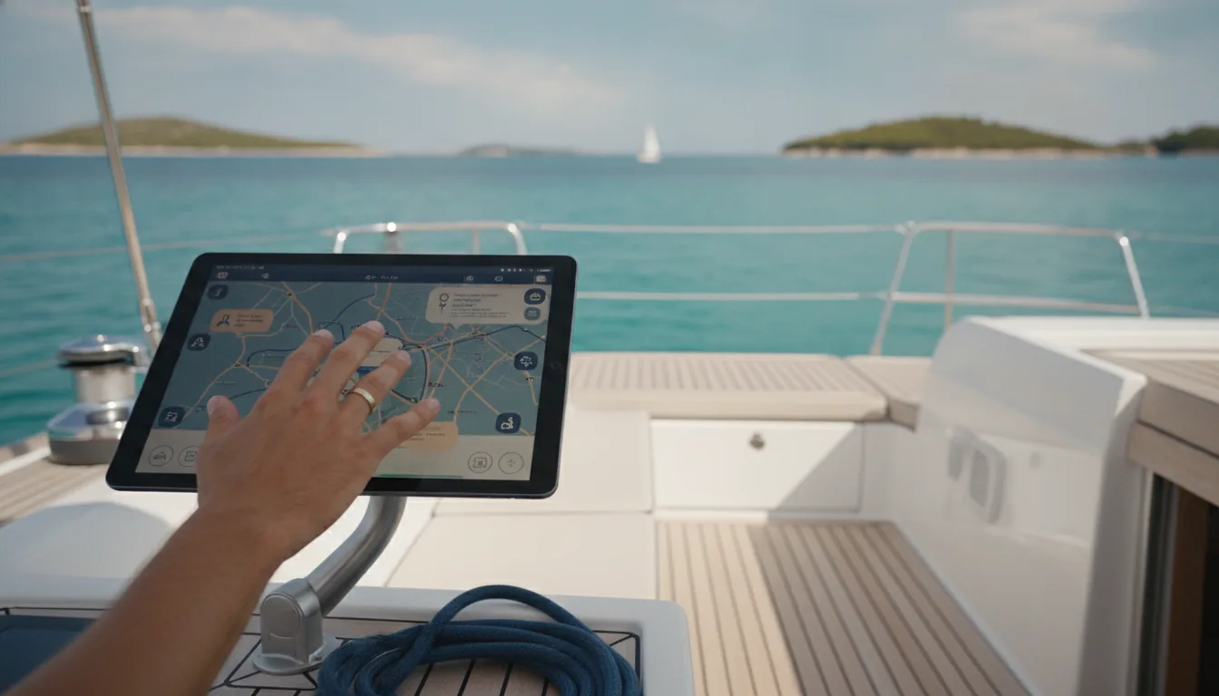 La Recherche sur les Hallucinations de l'IA et les Solutions — À l'intérieur du cockpit d'un yacht moderne, avec vue sur la mer Adriatique sereine. Une main plane au-dessus d'une tablette affichant des informations de navigation détaillées, sourcées.