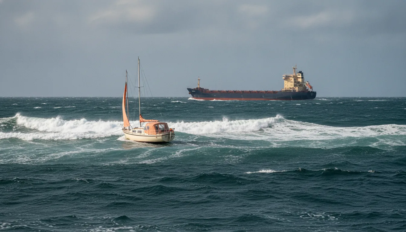 Pourquoi l'entretien préventif est important pour les propriétaires de bateaux — Un petit bateau de plaisance, en panne, dérive sans défense au milieu des vagues écumantes dans une voie maritime européenne très fréquentée. Des cieux couverts menacent, suggérant