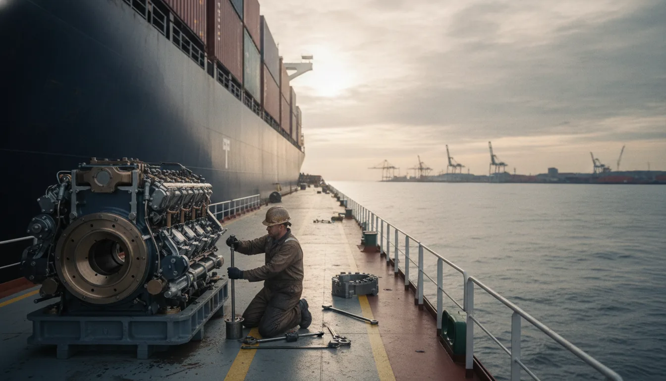 Les Chiffres Derrière les Diagnostics Marins par IA — Un immense cargo commercial glisse sans heurts à travers une vaste mer européenne, un port lointain visible. Sur son pont étendu, un mécanicien fixe un frais