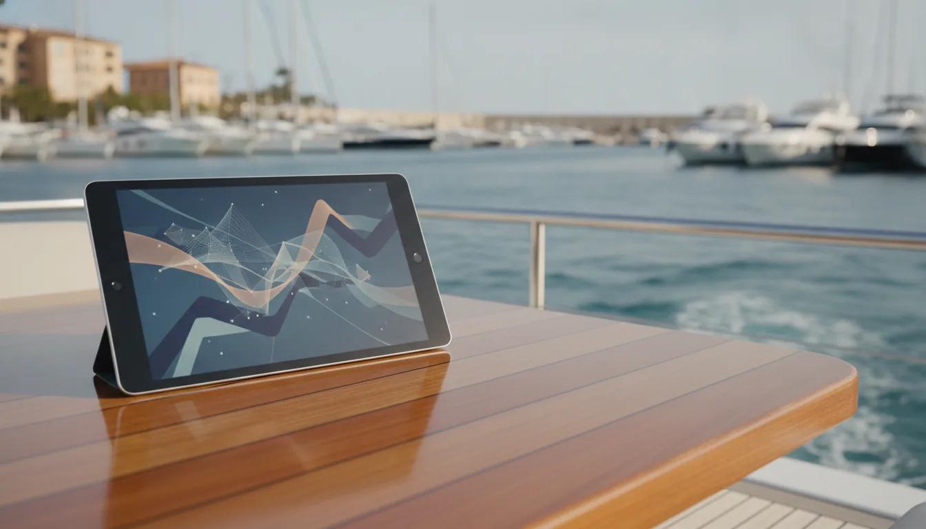Die Zahlen hinter der AI-Bootsbewertung-Revolution — Ein elegantes Tablet zeigt eine dynamische, abstrakte 3D-Datenvisualisierung der Wertmatrix eines Bootes, dessen komplexe Linien auf komplizierte Faktoren hinweisen.