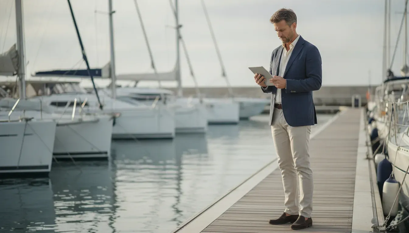 Yacht broker checking boat valuation figures on a tablet at a European marina