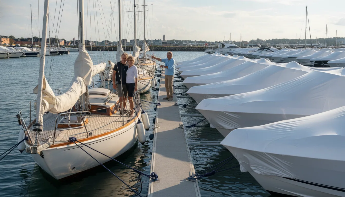 Données du marché des bateaux 2024-2025 : Prix et tendances — Le soleil éclaire un port de plaisance européen animé. Un couple pointe avec enthousiasme une voilier d'occasion bien entretenu, discutant avec quelqu'un au loin