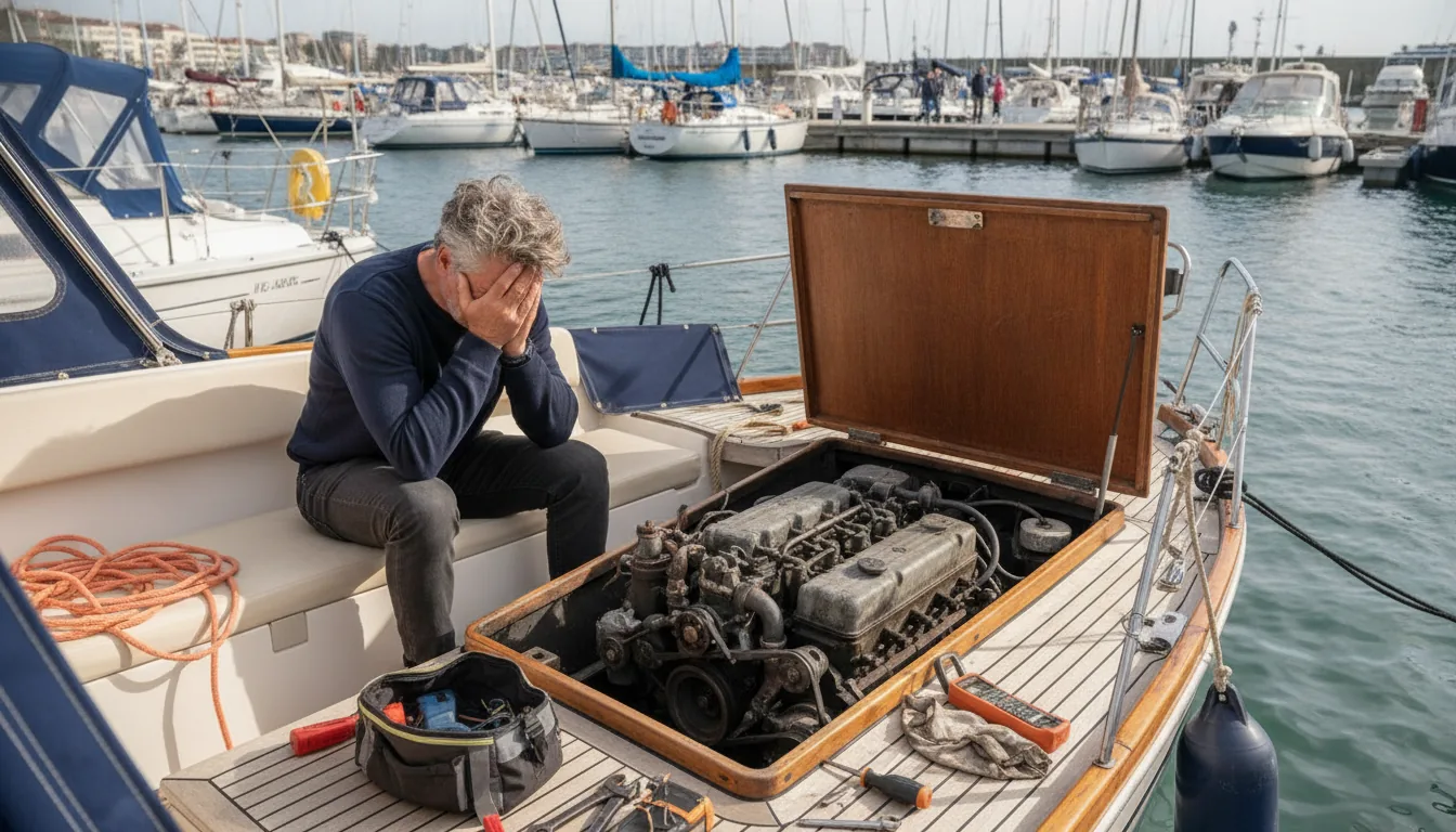 Pourquoi l'entretien des moteurs prend les propriétaires de bateaux au dépourvu — Un propriétaire européen de bateau, la tête dans les mains, est assis à la poupe d'un petit voilier diesel. Le capot du moteur est ouvert, révélant un moteur corrodé, co