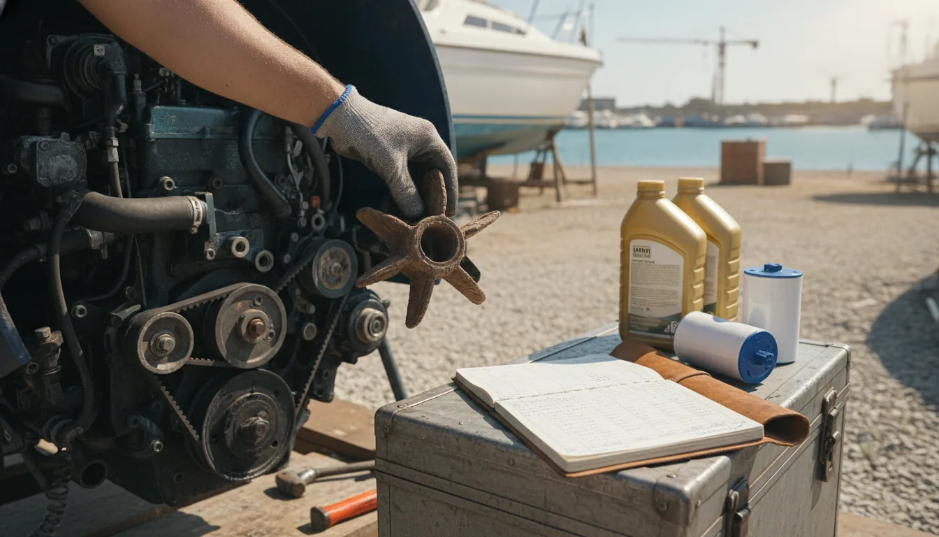 Entretien du Moteur par les Chiffres : Intervalles de Service et Durée de Vie — Une main gantée de mécanicien tient une turbine brute d'eau usagée et cassante à côté d'un moteur de bateau ouvert. Un carnet de bord indiquant l'heure