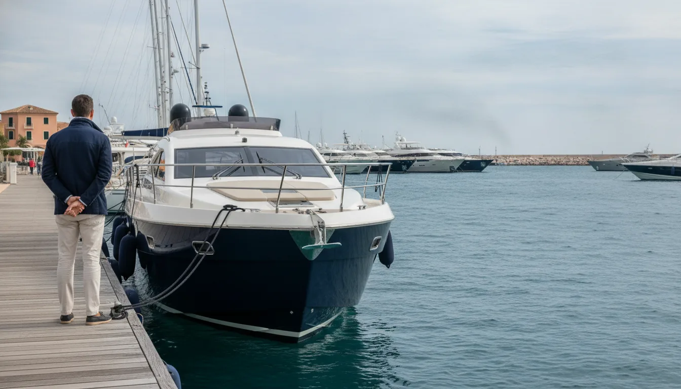 Pourquoi Comprendre le Coût de l'Assurance pour Bateau est Important — Un propriétaire de bateau, vu de dos, se tient sur un ponton en bois dans une marina européenne animée. Leur élégant vaisseau à haute performance brille, amarré