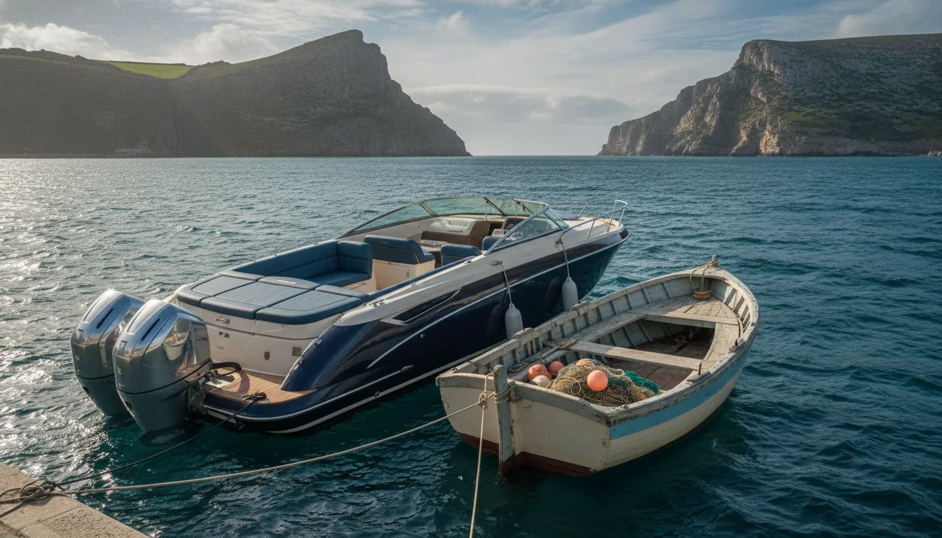 Coût de l'assurance bateau en chiffres — Un élégant et puissant hors-bord est amarré à côté d'une modeste barque de pêche traditionnelle dans un port européen ensoleillé mais balayé par le vent. Au loin, des falaises escarpées