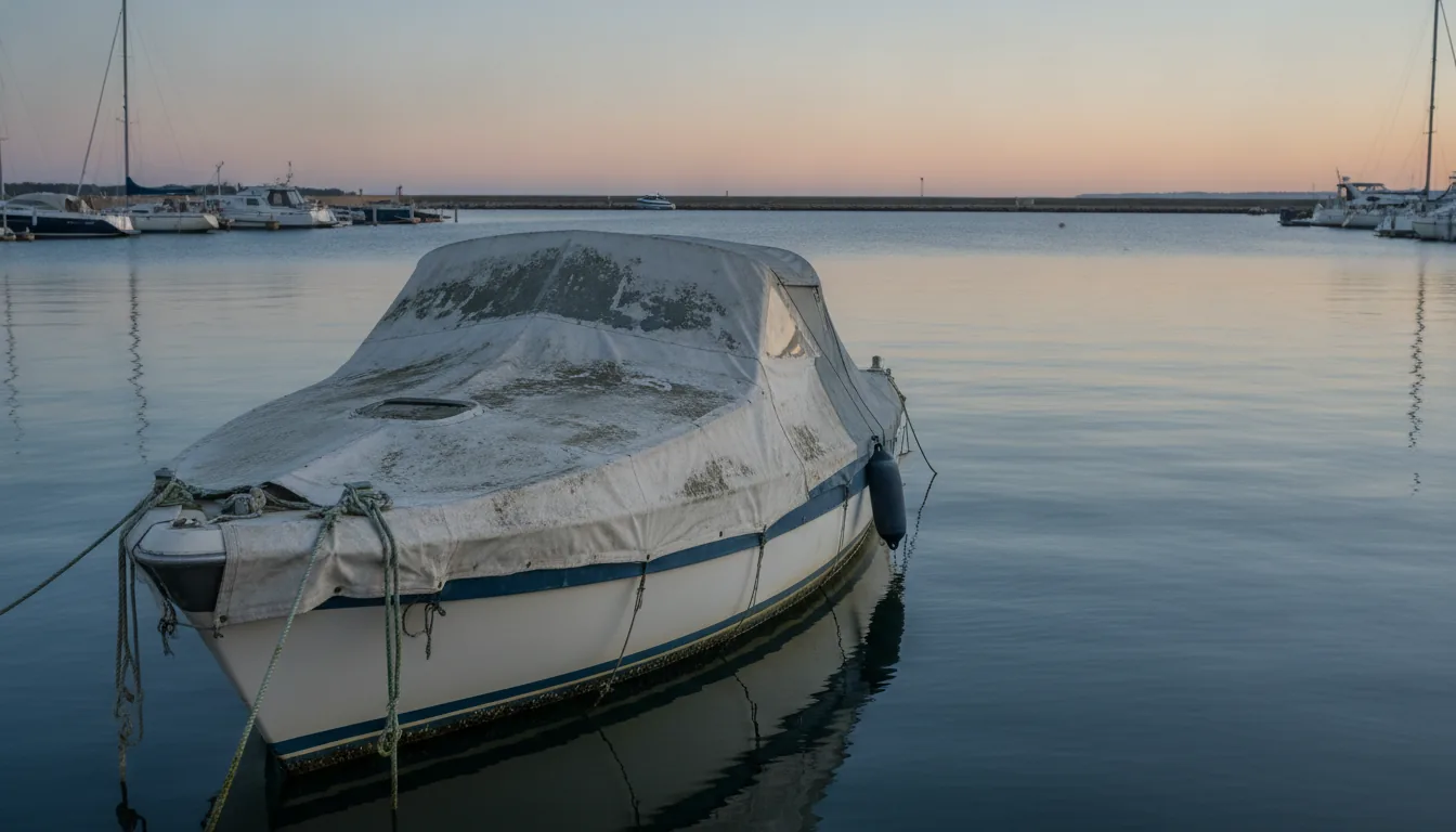 Pourquoi Comprendre les Coûts de Stockage des Bateaux est Important — Un classique yacht à moteur européen, son gelcoat autrefois vibrant maintenant terne et écaillé sous une couverture mal ajustée, décolorée par le soleil. Amarré loin de toute activité