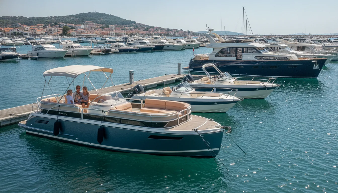 Types de Bateaux par les Chiffres : Comparaison du Prix et de la Taille — Un port européen ensoleillé bourdonne d'activité avec une diversité de navires. Les lignes élégantes d'un centre console de 28 pieds contrastent avec un ponton familial de 23 pieds.