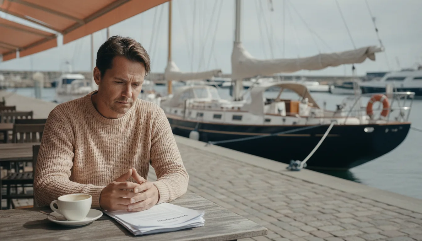 Pourquoi l'Évaluation Précise de Bateau Compte Plus Que Vous Ne Le Réalisez — Un propriétaire de bateau découragé est assis seul dans un café d'une marina européenne. Son café intact et ses papiers d'évaluation froissés sont posés sur la table.