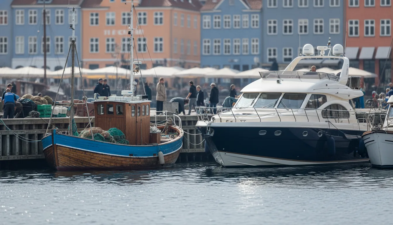 Données du Marché Actuel : À quel prix se vendent réellement les bateaux ? — Un port de plaisance animé à Copenhague révèle la diversité du marché. Un vieux petit bateau de pêche, dont la peinture s'écaille, est amarré à quelques pas d'un