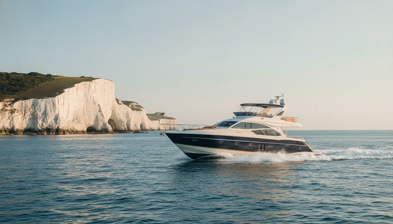 Why the UK Boat Market Deserves Your Attention in 2026 — A gleaming, British-built flybridge yacht slices through calm blue waters near the Dorset coast. Rugged white cliffs rise majesticall