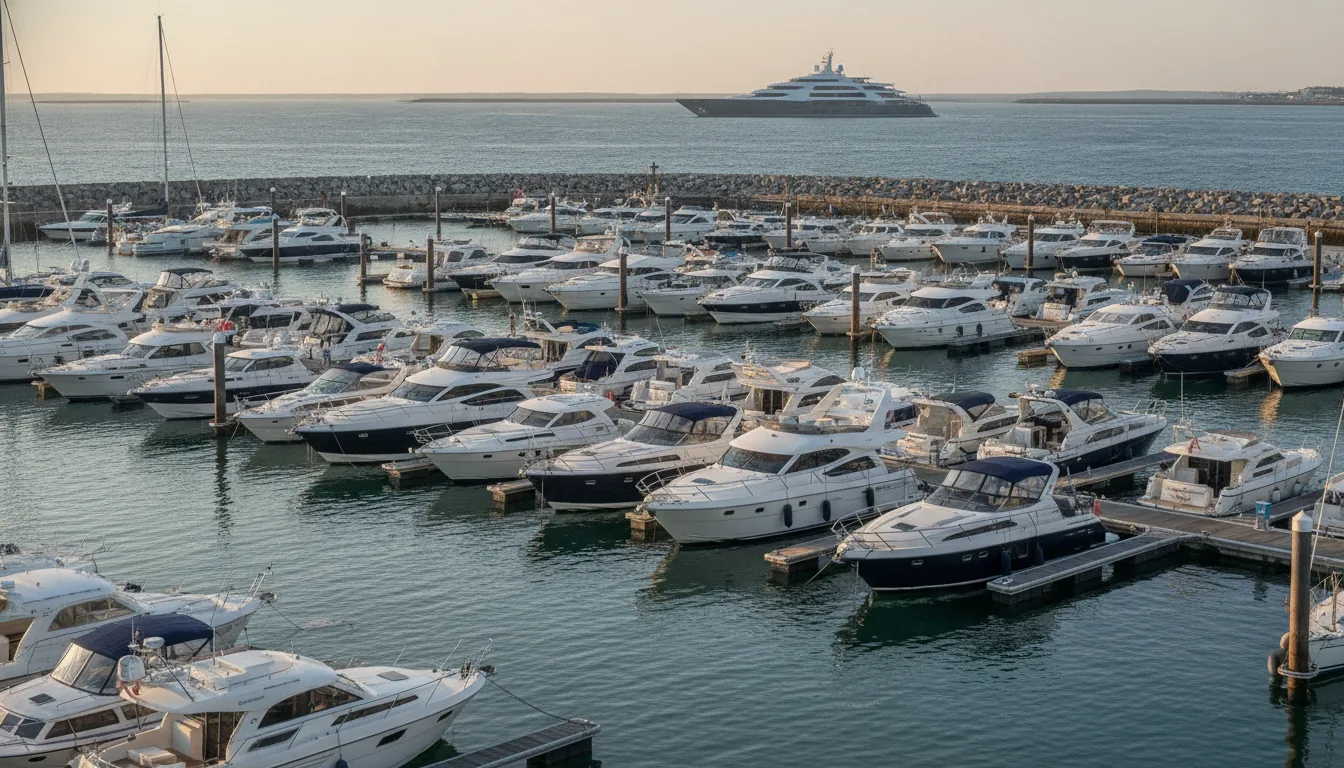 UK Boat Market 2026: The Numbers That Matter — A bustling UK marina at golden hour, its docks packed with diverse mid-sized motor yachts, showcasing the market's vibrant core. A distant supe