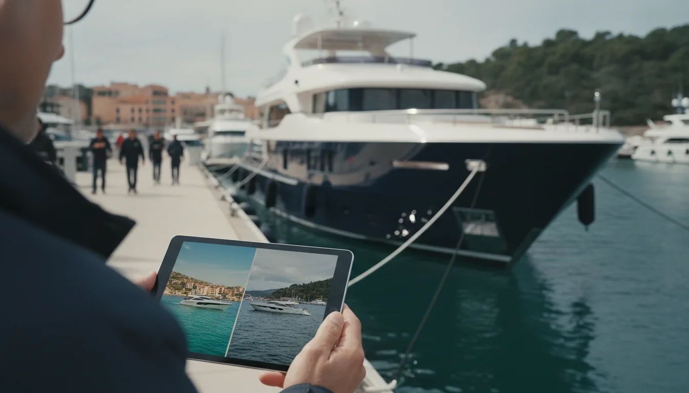 Ce que signifie cet écart de prix pour les acheteurs de bateaux européens — Un acheteur, dos à la caméra, se tient sur un quai animé d'une marina européenne, tenant une tablette. Son écran affiche deux yachts identiques : l'un sous