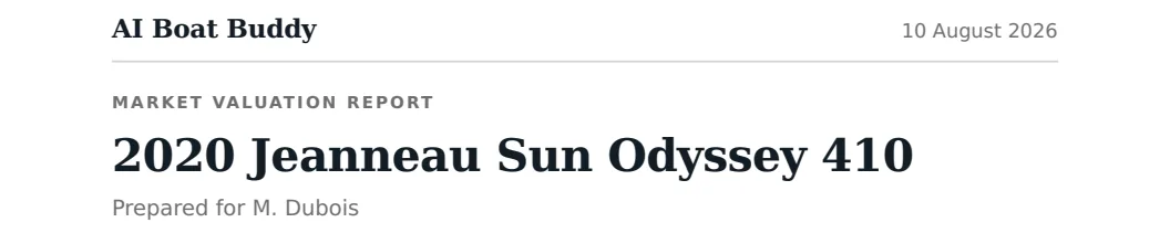 The top of the report: AI Boat Buddy, the date it was produced, the words Market valuation report, the title 2020 Jeanneau Sun Odyssey 410, and Prepared for followed by the client's name.