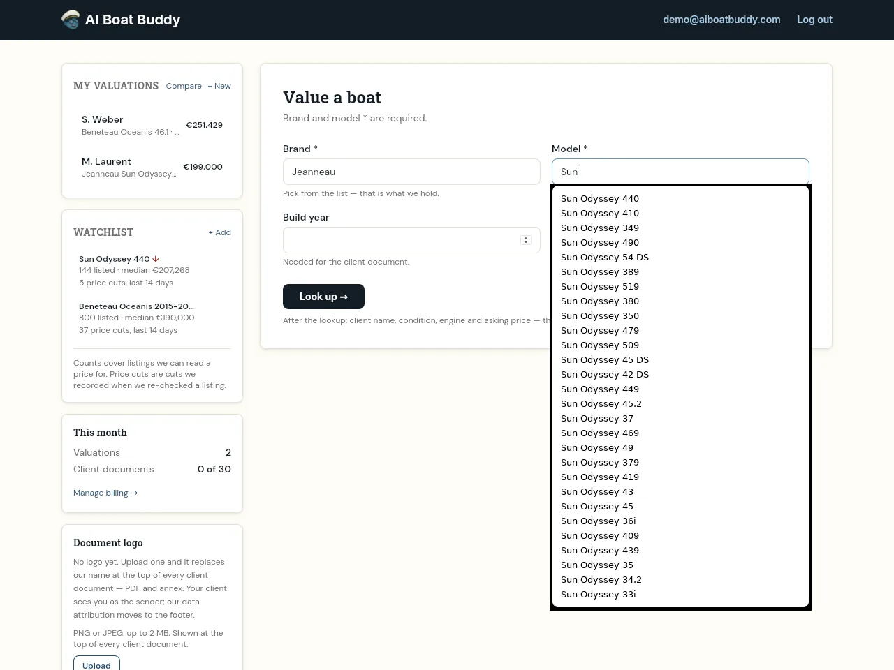The broker workspace: a valuation form where typing Sun after Jeanneau has opened a suggestion list of thirty Sun Odyssey models, next to a sidebar with saved valuations and two watched market segments.