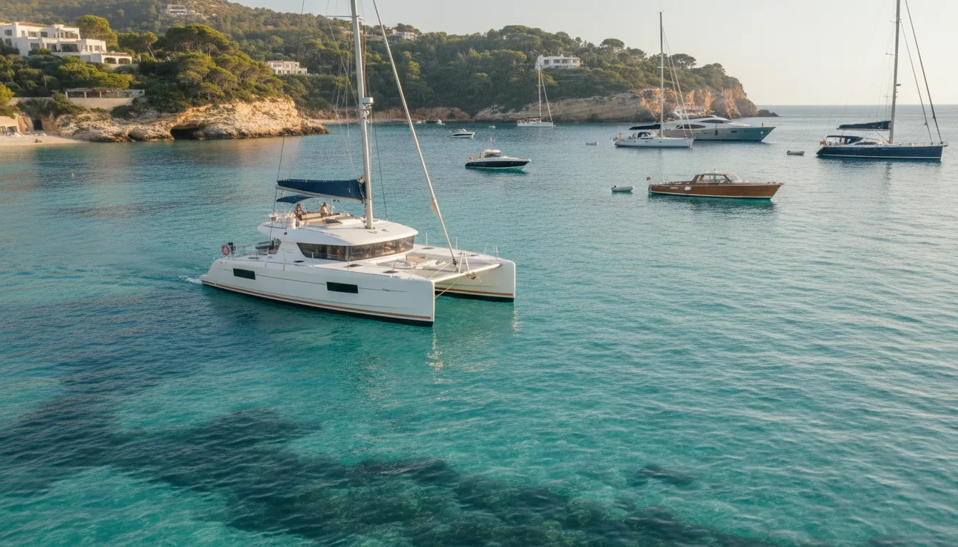 L'Avantage Stratégique de l'Achat de Catamarans Français — Un élégant catamaran flotte dans des eaux cristallines et peu profondes, d'un bleu turquoise éclatant, au large d'une crique ensoleillée de la Côte d'Azur. Sa conception laisse entrevoir des performances