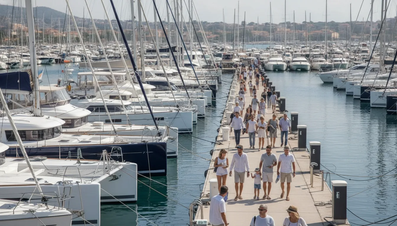 Marché des Bateaux Français : Prix et Disponibilité en Chiffres — Le soleil se reflète sur de nombreuses coques dans un port français animé. Une vaste gamme de catamarans et de voiliers diversifiés bordent les quais, offrant une vue spectaculaire.