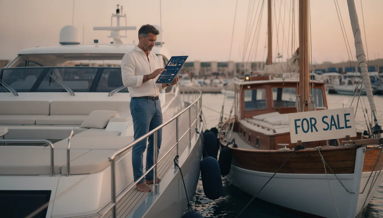 Pourquoi l'IA en Navigation Importe pour Chaque Propriétaire — Un propriétaire avisé se tient au milieu du pont d'un yacht européen moderne dans un port méditerranéen animé, examinant calmement une tablette affichant des informations détaillées sur la météo.