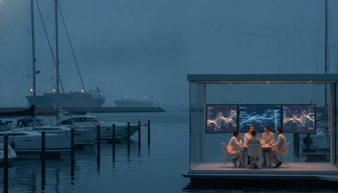 Les Chiffres Derrière la Révolution de l'IA Maritime — Un port européen moderne au crépuscule, des yachts élégants amarrés près de cargos lointains. À l'intérieur d'un bureau en verre minimaliste, une petite équipe d'ingénieurs