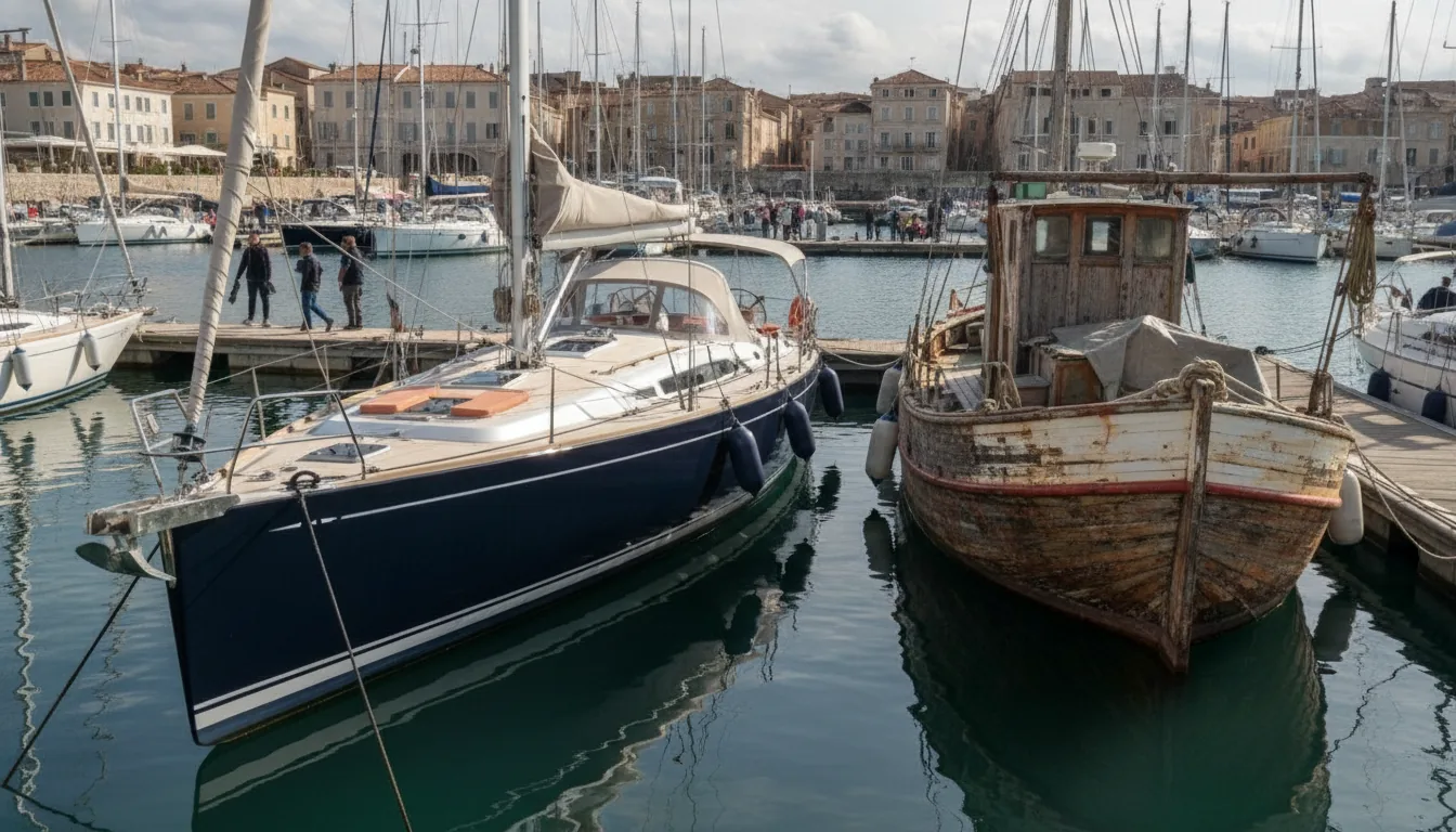 L'importance de comprendre la qualité et le prix des bateaux allemands — Le soleil brille sur la coque impeccable et polie d'un élégant voilier, amarré sans défaut dans un port européen animé.