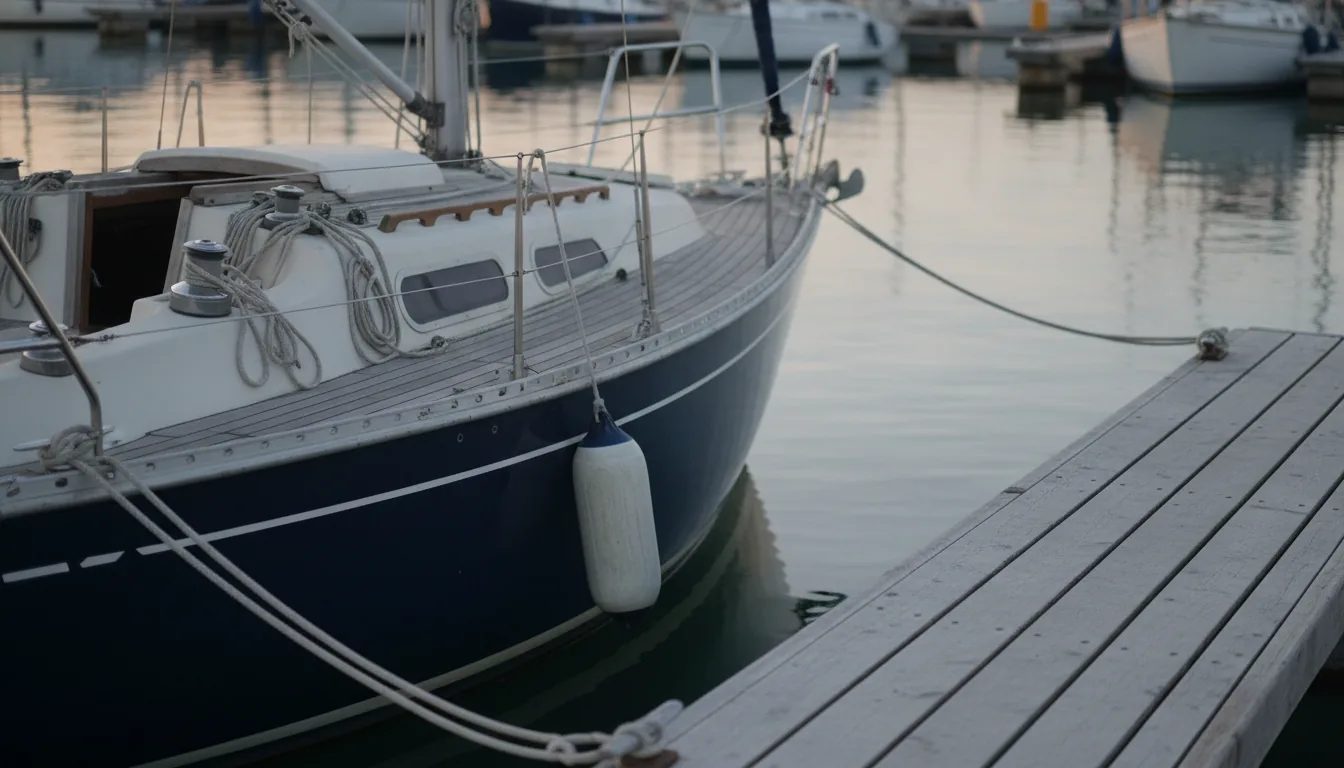 Le Vrai Coût de Rater la Vente de Votre Bateau — Un voilier de taille moyenne solitaire tangue doucement dans une place de port d'une marina européenne, son pont légèrement poussiéreux, les cordes soigneusement enroulées mais intactes. Faible