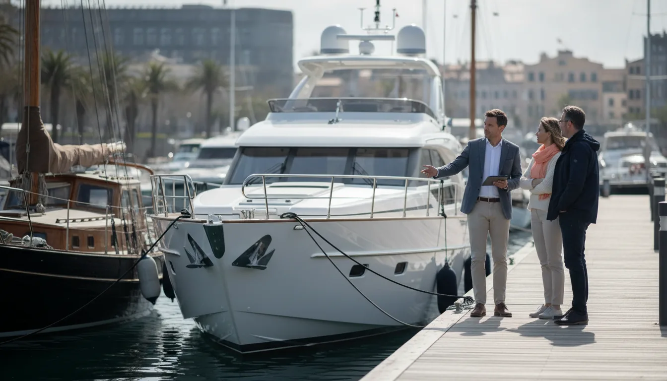 Statistiques de Vente des Bateaux : Ce que les Chiffres Nous Révèlent — Un port européen animé par une matinée de printemps radieuse. Les rayons du soleil scintillent sur la coque rutilante d'un yacht moderne à côté d'une classique voile en bois