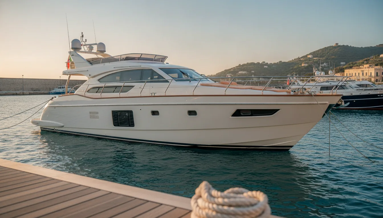 Comprendre le Premium des Yachts Italiens : Ce que les acheteurs doivent savoir — Un élégant yacht de luxe italien blanc brille sous un soleil tyrrhénien, amarré dans une marina pittoresque. Son pont en teck sur mesure