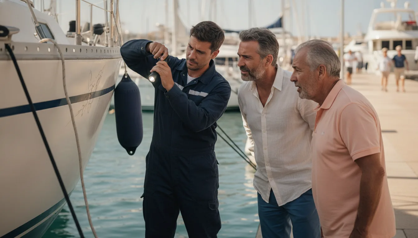 Pourquoi une expertise maritime est non-négociable pour les acheteurs de bateaux d'occasion — Le faisceau de la torche d'un expert en expertise maritime met en évidence des fissures de contrainte à peine visibles sur la coque en fibre de verre d'un vieux yacht, amarré dans un port animé de la Méditerranée.
