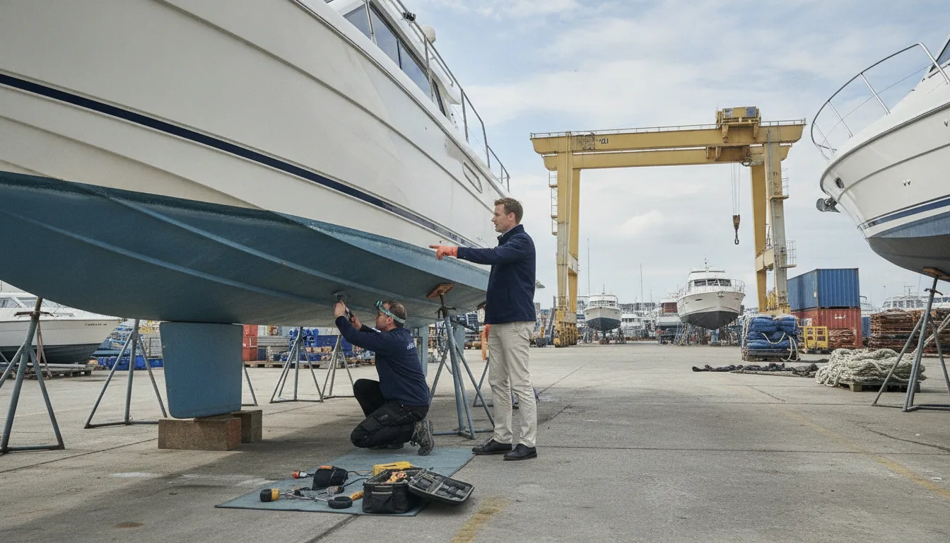 Marine Survey Costs and Timeframes: What to Expect — A sleek recreational boat rests on sturdy blocking stands in a bustling European marina yard. A surveyor, with tools scattered nearby, me