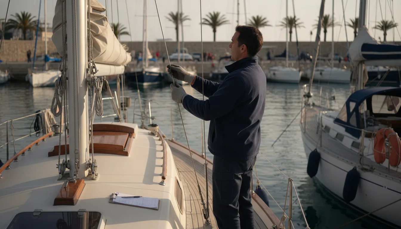 Chiffres Clés Que Tout Acheteur de Bateau Doit Connaître — Un ingénieur en génie maritime, vu de dos, examine méticuleusement le gréement dormant en fil d'acier sur un voilier classique de 30 pieds dans un port méditerranéen animé