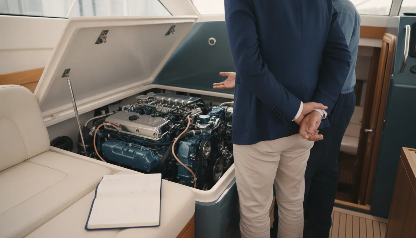 Pourquoi Comprendre l'Évaluation de Bateau Vous Fait Économiser des Milliers — Un acheteur, vu de dos, jette un coup d'œil dans le compartiment moteur d'un élégant bateau à cabine chez un courtier européen. Un mécanicien pointe vaguement du doigt
